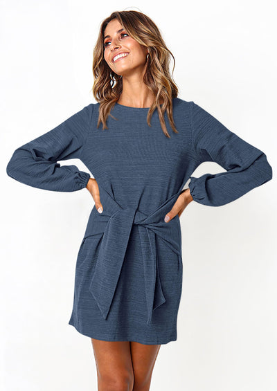 PRETTYGARDEN Womens Fall Elegant Long Lantern Sleeve Short Dress Wedding Guest Crewneck Tie Waist Knit Cocktail Dresses PRETTYGARDEN