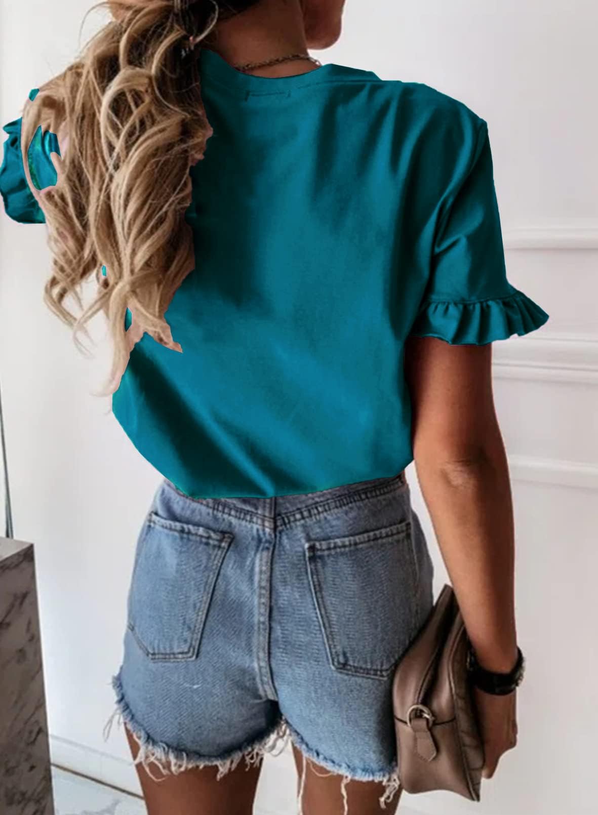 PRETTYGARDEN Women's Short Sleeve Casual T Shirts Summer Ruffle Plain Round Neck Loose Fit Tee Blouse Tops PRETTYGARDEN