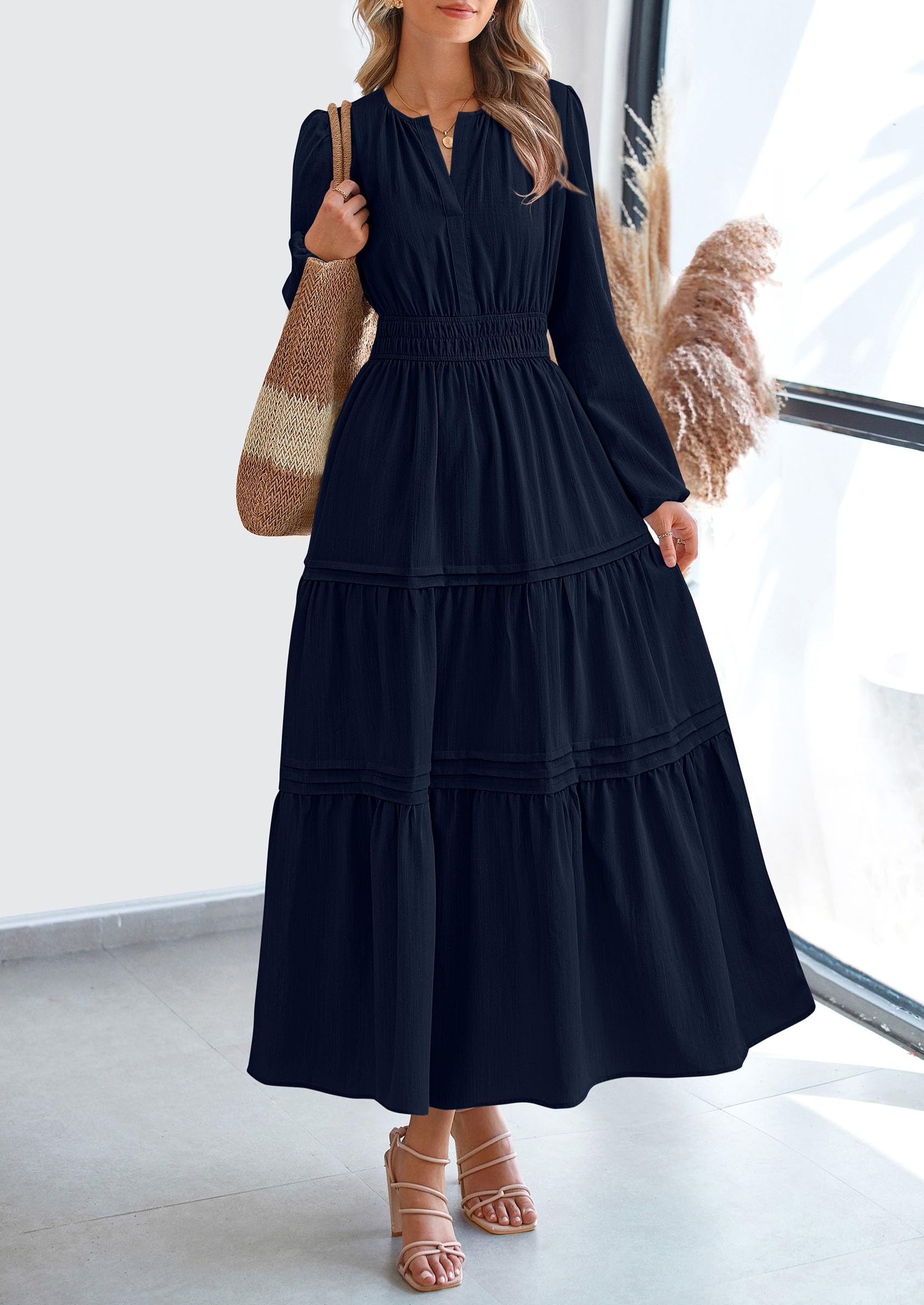 PRETTYGARDEN Women's Elegant Maxi Dresses Long Sleeve V Neck Flowy Pockets Casual Modest Dress Fall Fashion Clothes