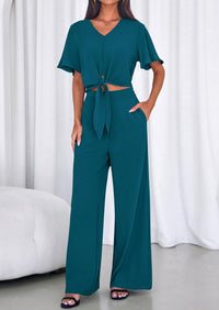 PRETTYGARDEN Women 2 Piece Summer Outfits Short Sleeve Strappy Top Wide Leg Pants Tracksuit Lounge Sets Beach Clothes PRETTYGARDEN