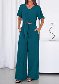 PRETTYGARDEN Women 2 Piece Summer Outfits Short Sleeve Strappy Top Wide Leg Pants Tracksuit Lounge Sets Beach Clothes PRETTYGARDEN