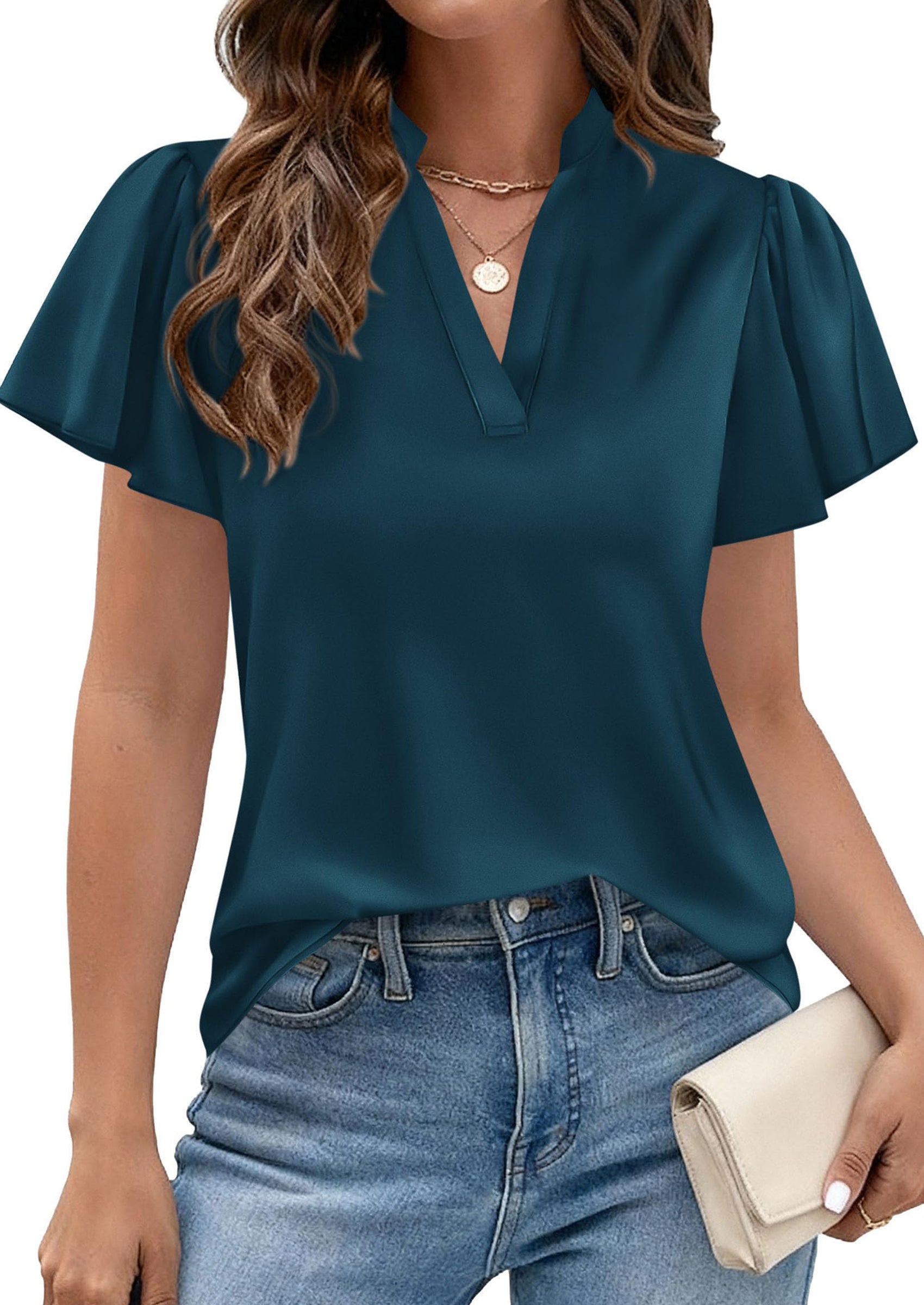PRETTYGARDEN Women's Summer Blouses Dressy Casual Ruffle Cap Sleeve V Neck Business Work Trendy Cute Tops Spring Outfits PRETTYGARDEN