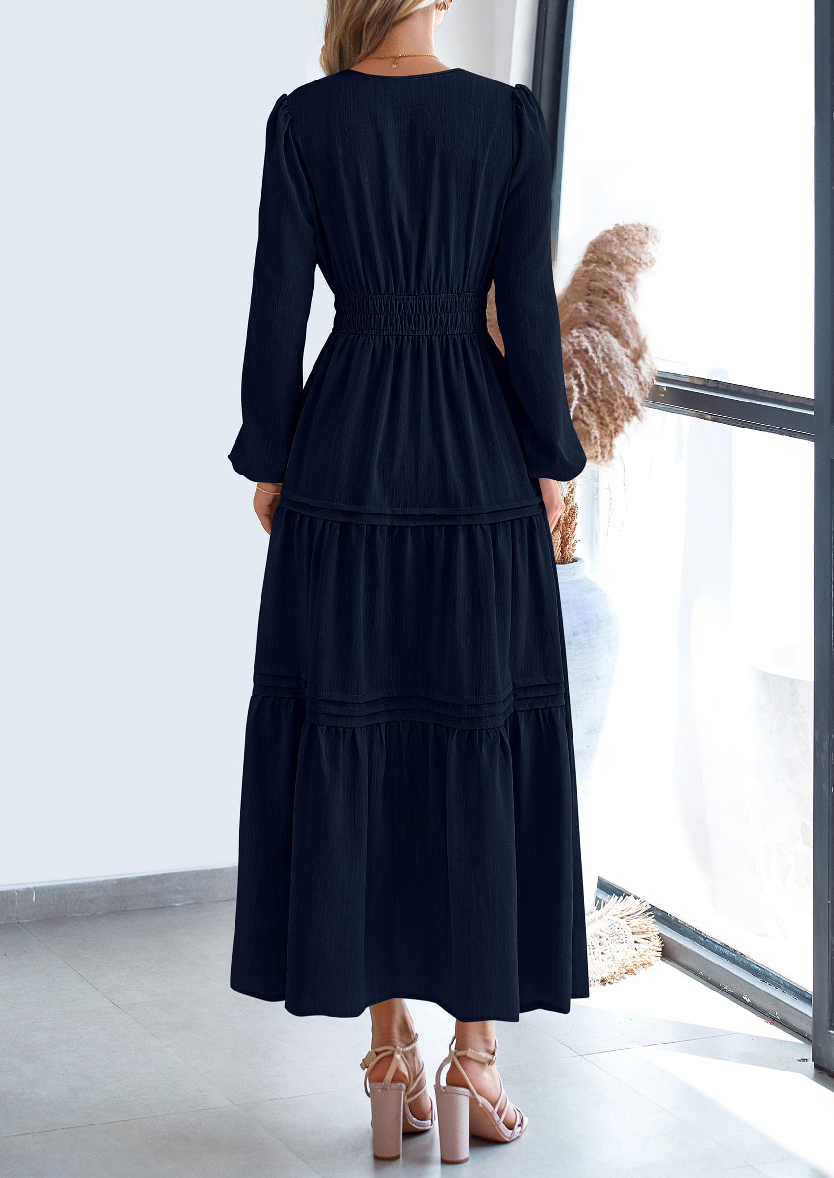 PRETTYGARDEN Women's Elegant Maxi Dresses Long Sleeve V Neck Flowy Pockets Casual Modest Dress Fall Fashion Clothes