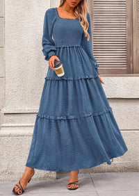 PRETTYGARDEN Women Fall Long Sleeve Smocked Maxi Dress Casual Square Neck Swiss Dot Tiered Ruffle Flowy Spring Pocket Dresses