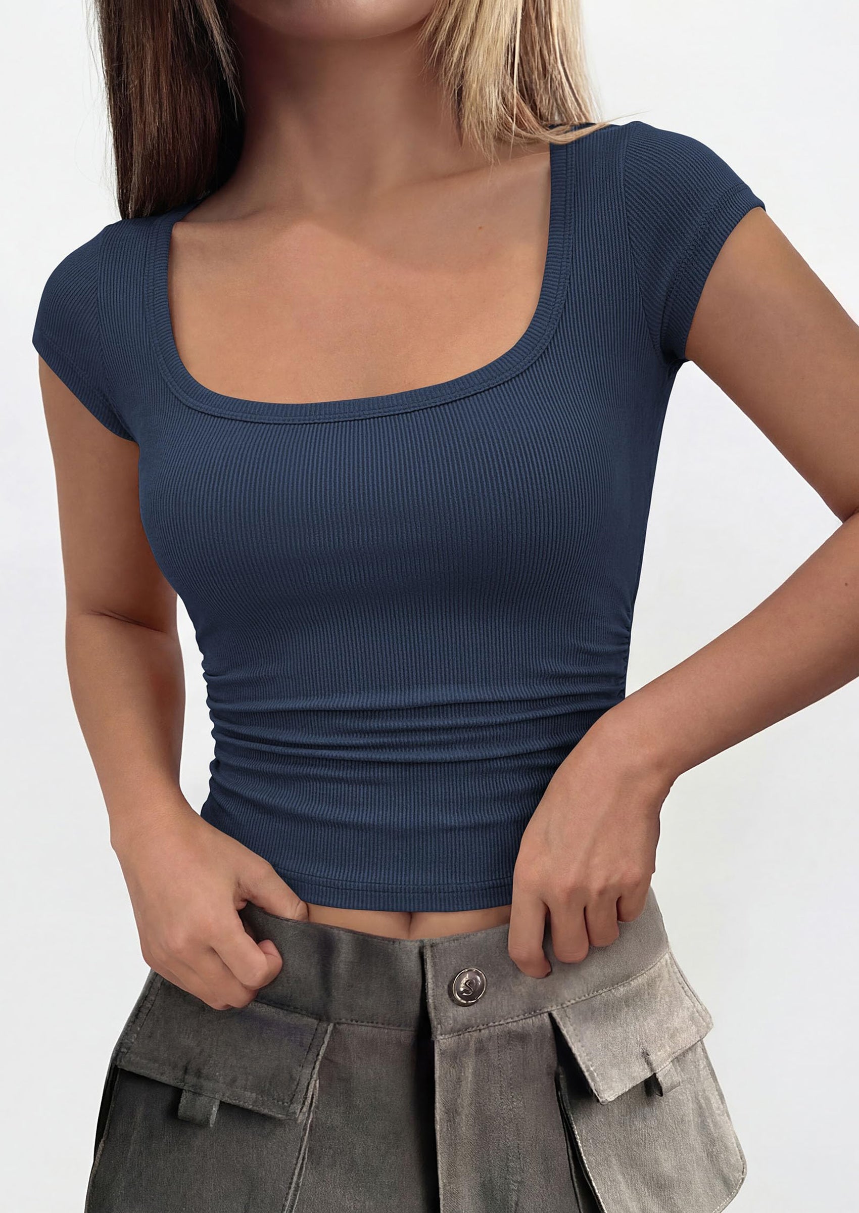 PRETTYGARDEN Womens Cap Sleeve T Shirts Square Neck Basic Tees Slim Fit Ribbed Knit Spring Going Out Tops Summer Clothes PRETTYGARDEN