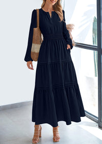 PRETTYGARDEN Women's Elegant Maxi Dresses Long Sleeve V Neck Flowy Pockets Casual Modest Dress Fall Fashion Clothes