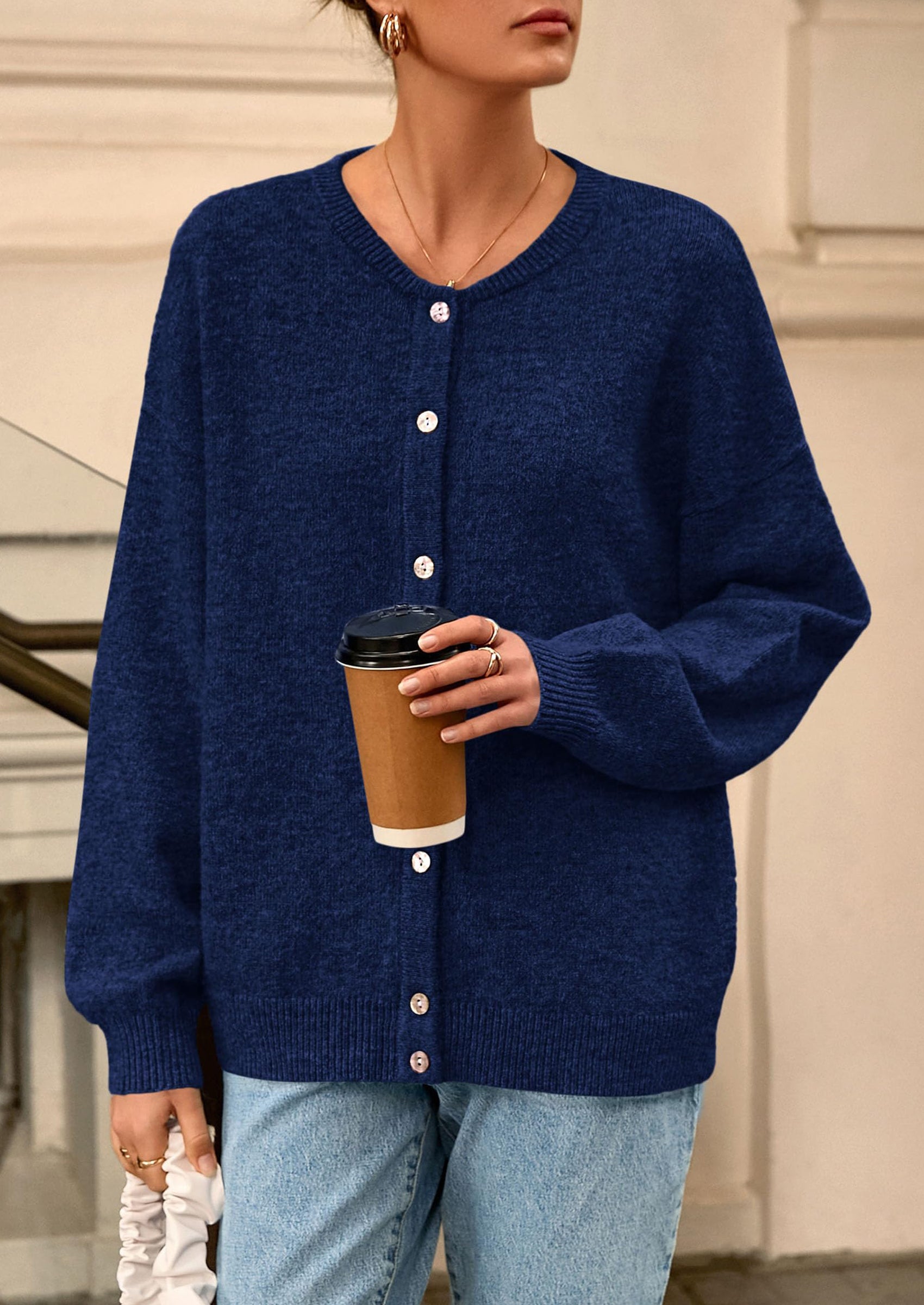 PRETTYGARDEN Fall Long Sleeve Cardigans for Women Trendy Open Front Winter Button Down Crewneck Soft Knit Sweater Jacket