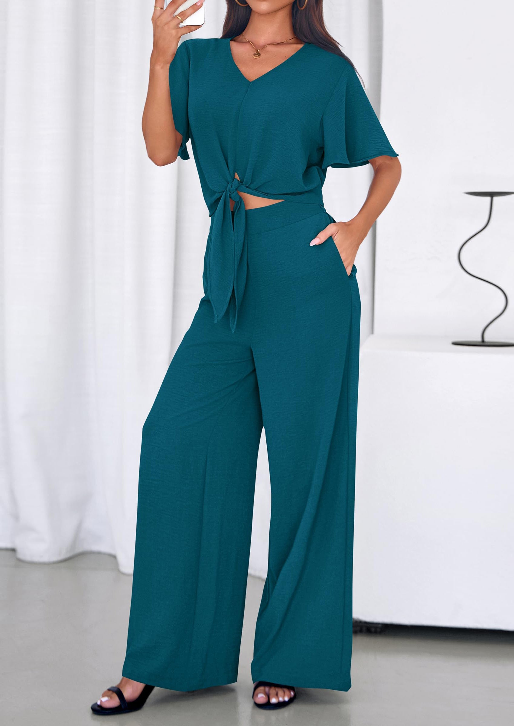 PRETTYGARDEN Women 2 Piece Summer Outfits Short Sleeve Strappy Top Wide Leg Pants Tracksuit Lounge Sets Beach Clothes PRETTYGARDEN
