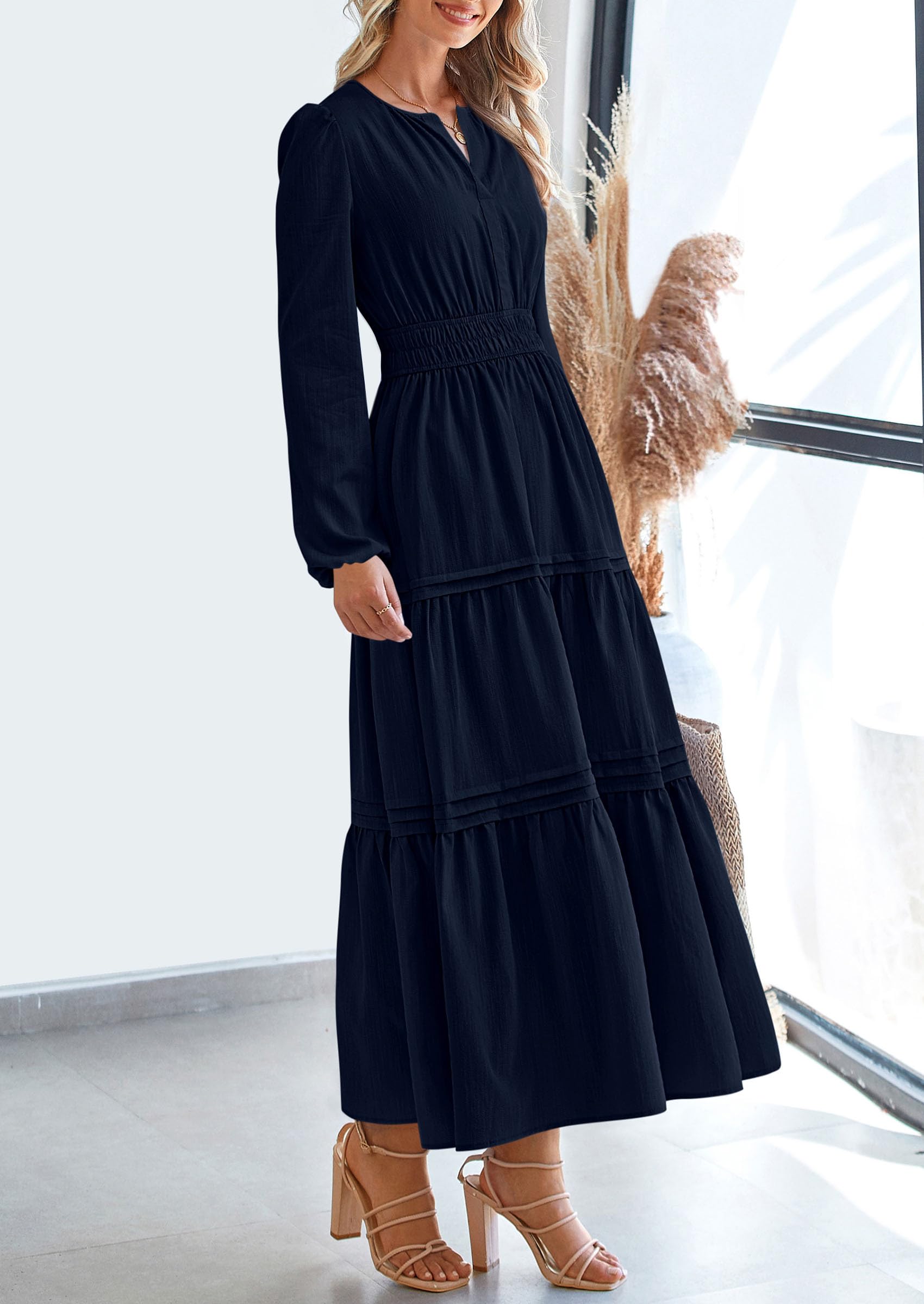 PRETTYGARDEN Women's Elegant Maxi Dresses Long Sleeve V Neck Flowy Pockets Casual Modest Dress Fall Fashion Clothes