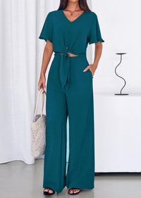 PRETTYGARDEN Women 2 Piece Summer Outfits Short Sleeve Strappy Top Wide Leg Pants Tracksuit Lounge Sets Beach Clothes PRETTYGARDEN