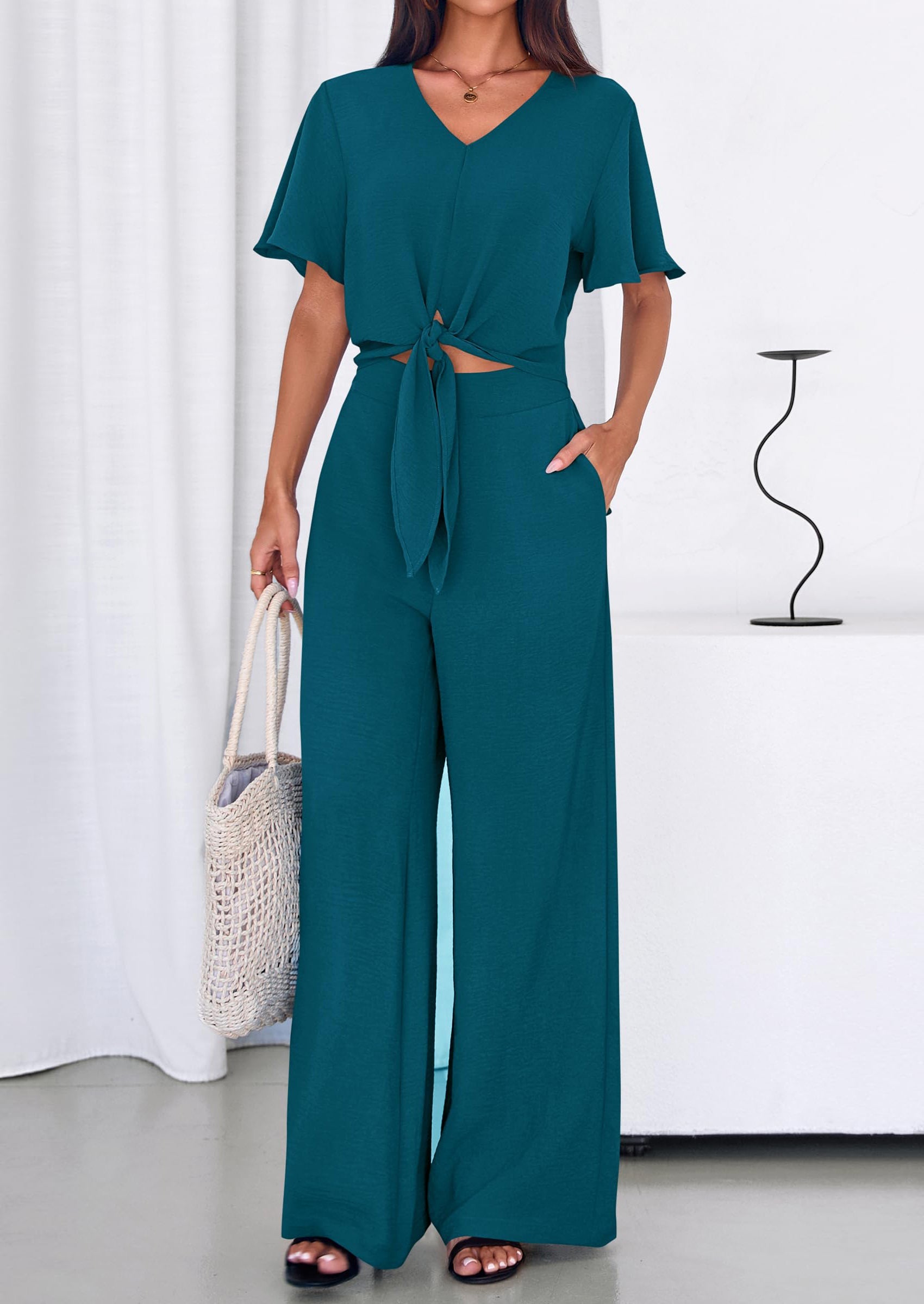 PRETTYGARDEN Women 2 Piece Summer Outfits Short Sleeve Strappy Top Wide Leg Pants Tracksuit Lounge Sets Beach Clothes PRETTYGARDEN