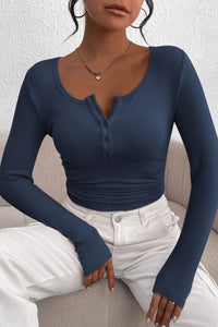 Long Sleeve Henley T Shirts Button Down Ribbed Knit Slim Fit Casual Basic Tops Blouse