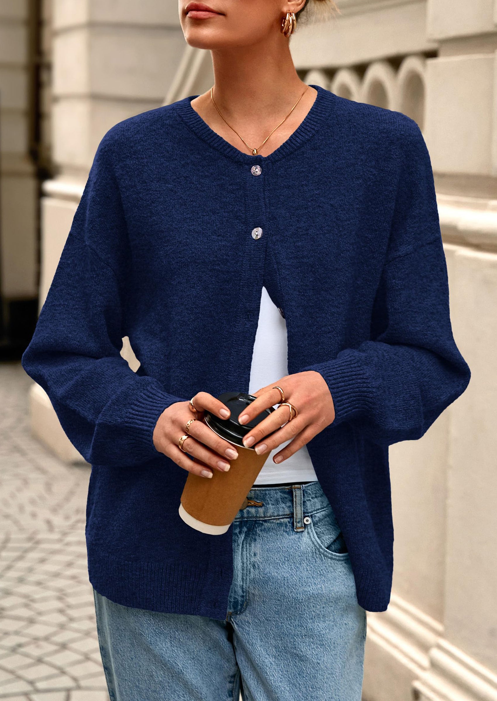 PRETTYGARDEN Fall Long Sleeve Cardigans for Women Trendy Open Front Winter Button Down Crewneck Soft Knit Sweater Jacket