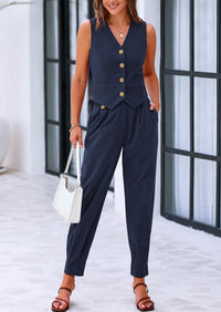 PRETTYGARDEN Two Piece V Neck Button Front Cropped Tank Tops Vest Pockets Pants Cotton Sets
