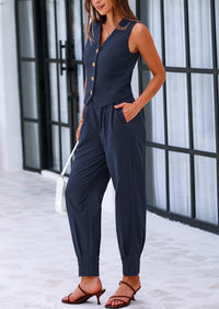 PRETTYGARDEN Two Piece V Neck Button Front Cropped Tank Tops Vest Pockets Pants Cotton Sets