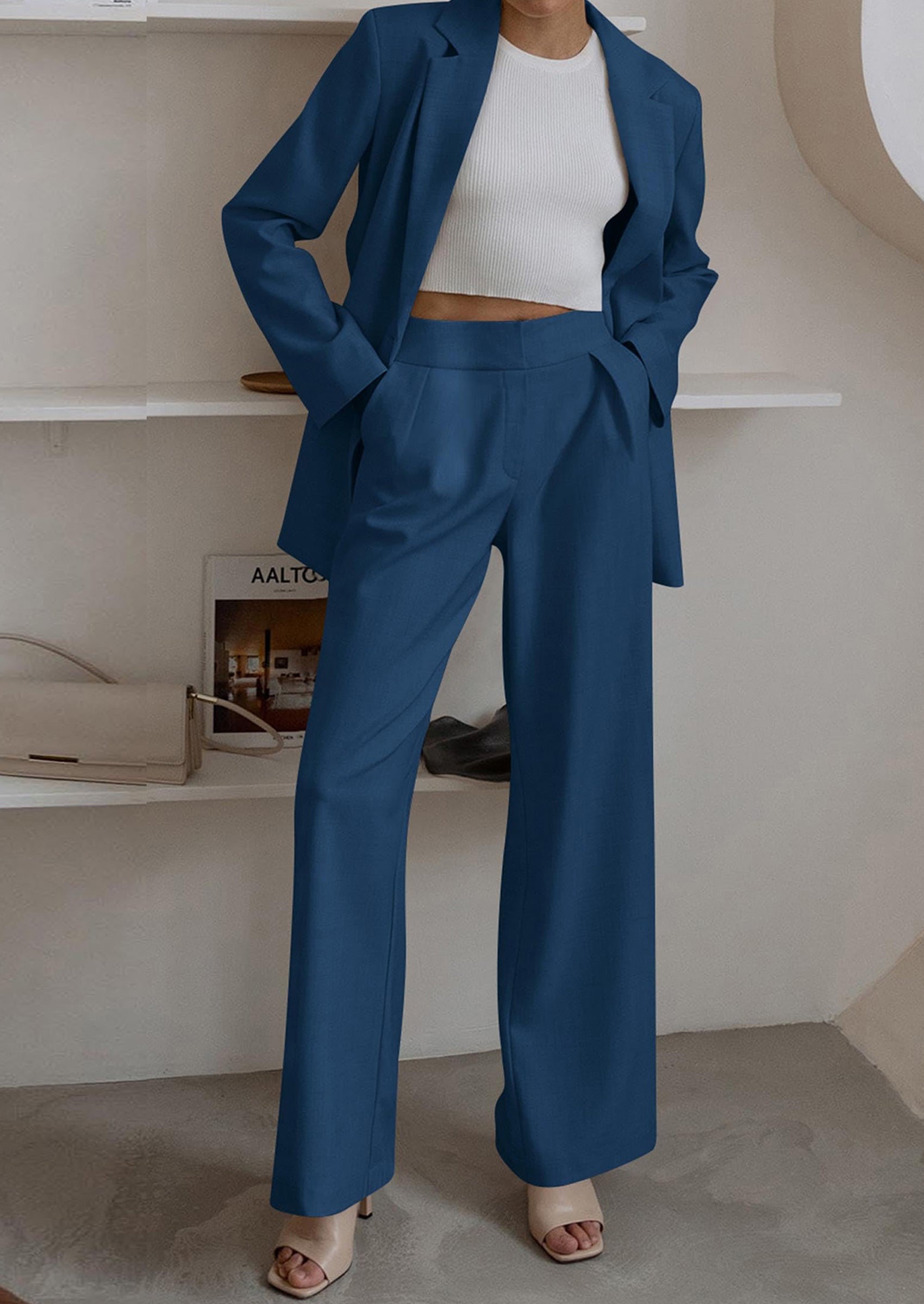 PRETTYGARDEN Women's Fall Two Piece Outfits Dressy Blazer Jacket and Wide Leg Pants Pockets Business Casual Office Suit Sets