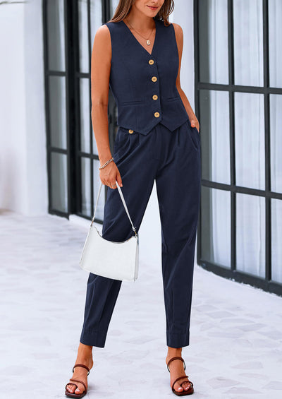 PRETTYGARDEN Two Piece V Neck Button Front Cropped Tank Tops Vest Pockets Pants Cotton Sets