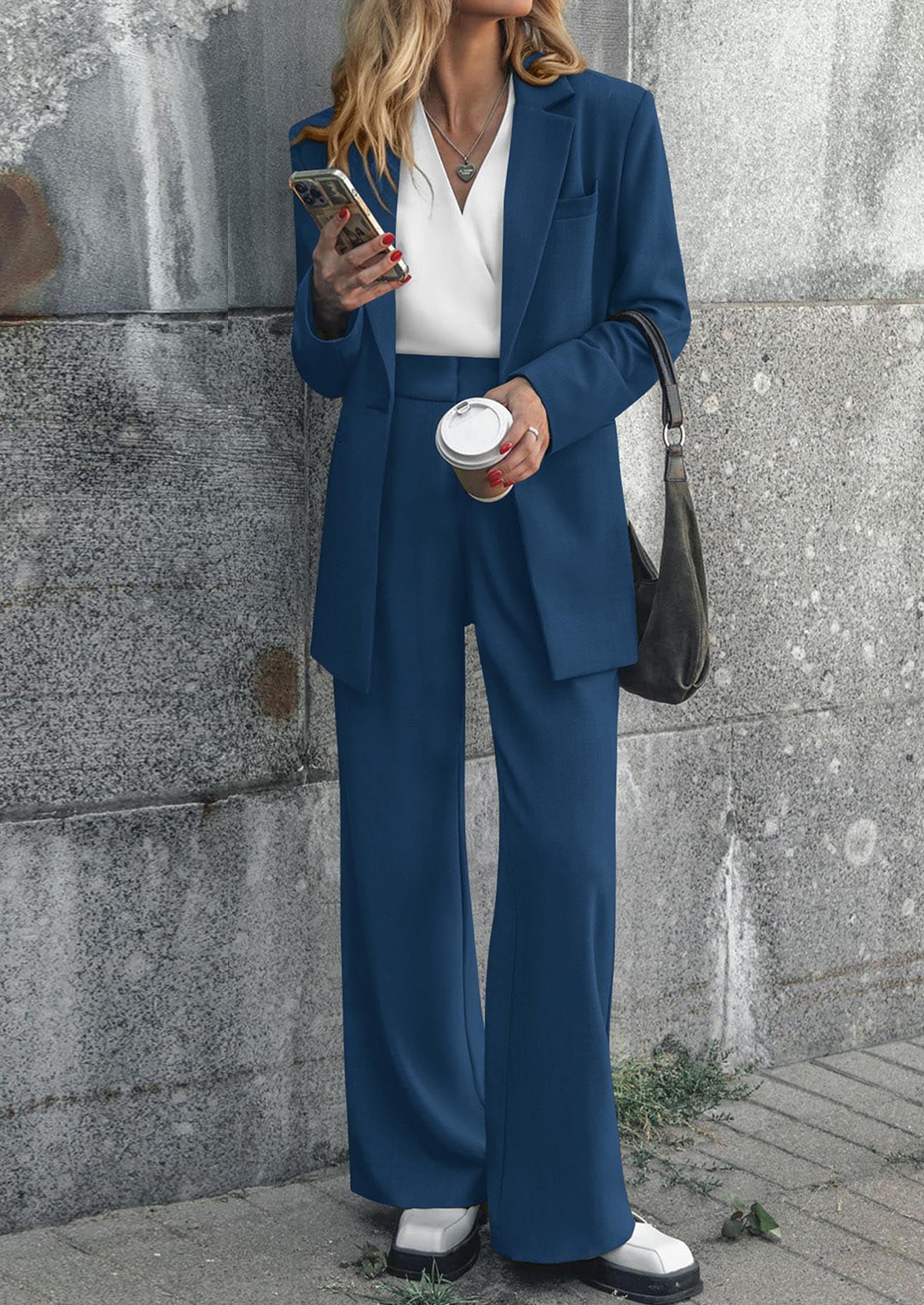 PRETTYGARDEN Women's Fall Two Piece Outfits Dressy Blazer Jacket and Wide Leg Pants Pockets Business Casual Office Suit Sets