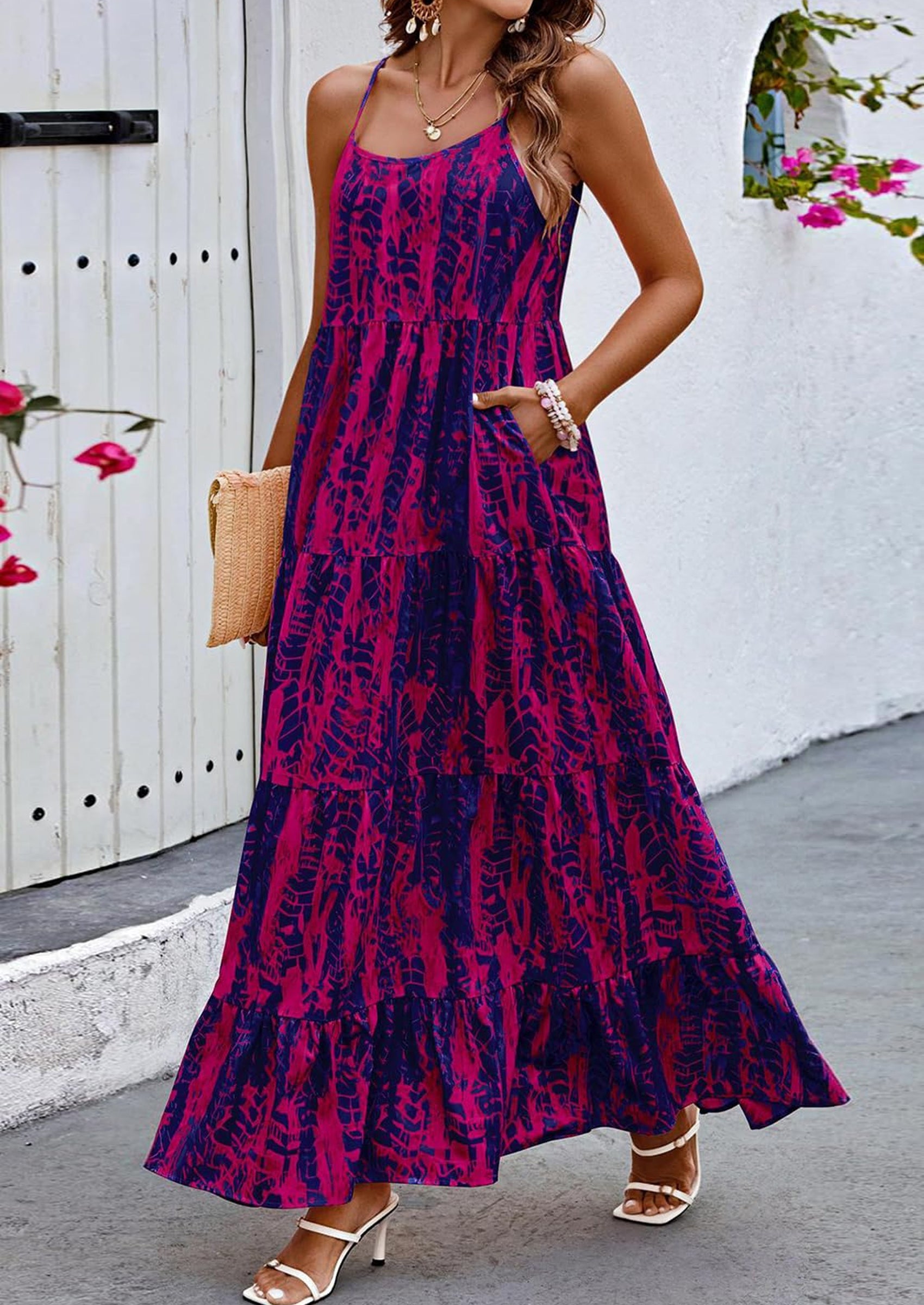 PRETTYGARDEN Women Summer Dresses Spaghetti Strap Scoop Neck Floral Maxi Dress Flowy Boho Long Sundress with Pockets