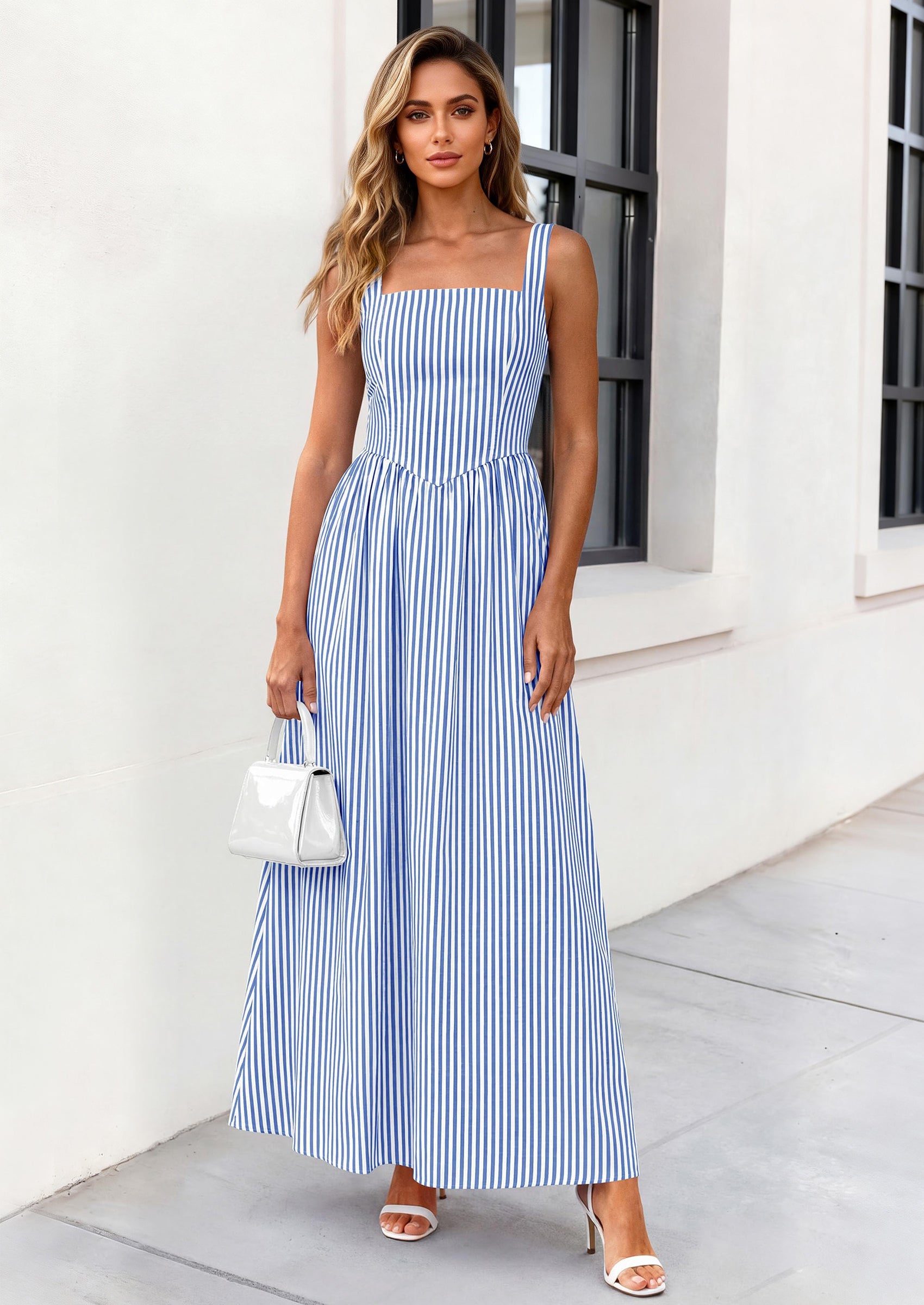 PRETTYGARDEN Women's Maxi Striped Dress Summer Sleeveless Square Neck Smocked A Line Long Flowy Spring Vacation Sundress PRETTYGARDEN