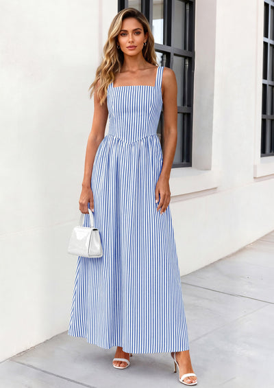 PRETTYGARDEN Women's Maxi Striped Dress Summer Sleeveless Square Neck Smocked A Line Long Flowy Spring Vacation Sundress PRETTYGARDEN