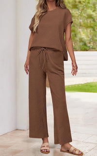 PRETTYGARDEN 2 Piece Outfits For Women Casual Tracksuit Short Sleeve Tops And Wide Leg Long Pants Matching Lounge Sets