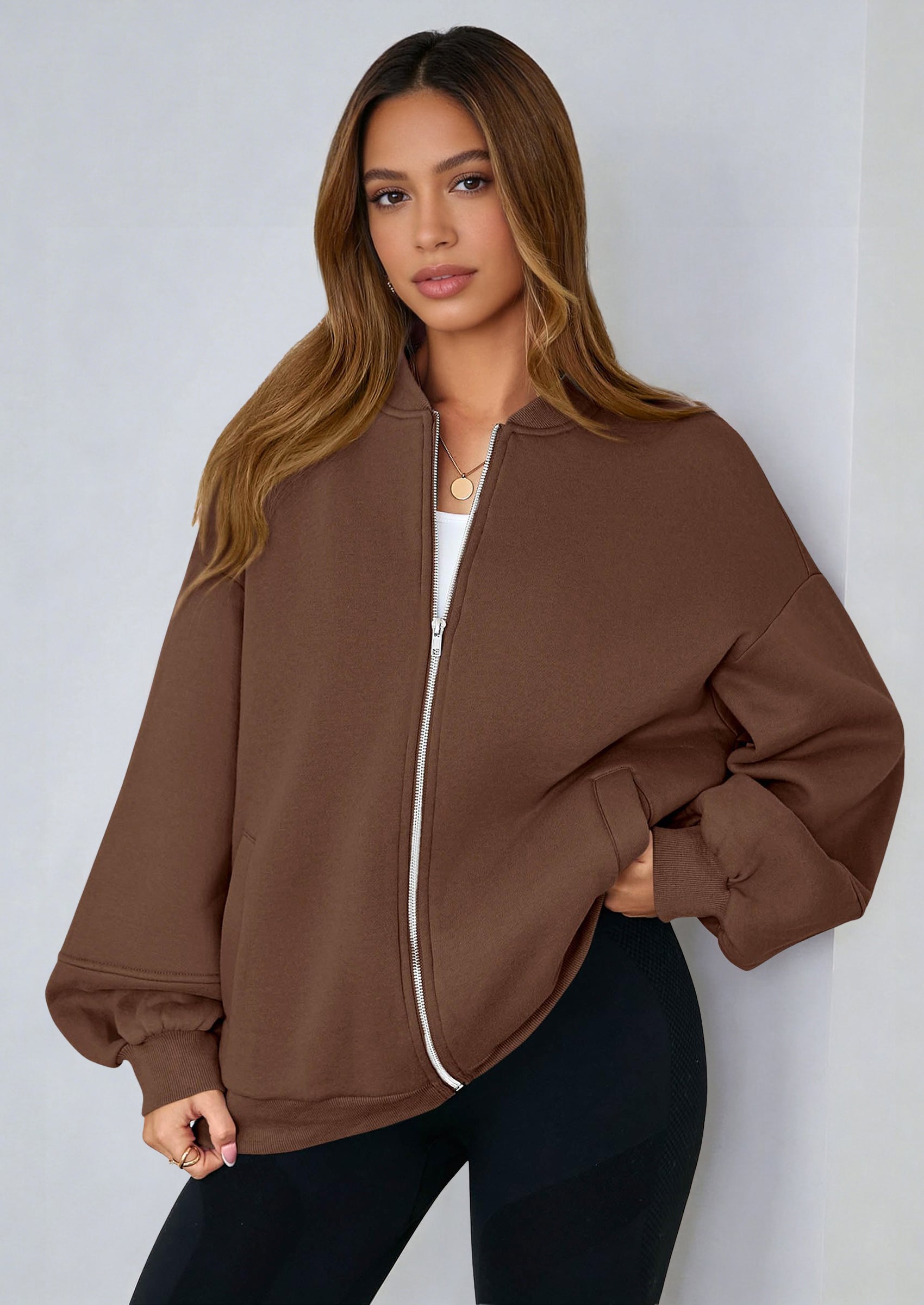 KIRUNDO Oversized Sweatshirt for Women Zip Up Bomber Jacket Fall Fashion Casual Long Sleeve Outerwear Winter Outfits