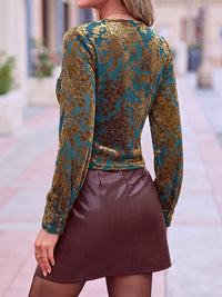 PRETTYGARDEN Women Double Lined Long Sleeve Shirts Tie Knot Front Crop Tops Sheer Sleeves, Velvet Jacquard Floral, Delicate Decorate Button, Classic V Neck, Elegant Dressy Blouses, Casual Fall Outfits