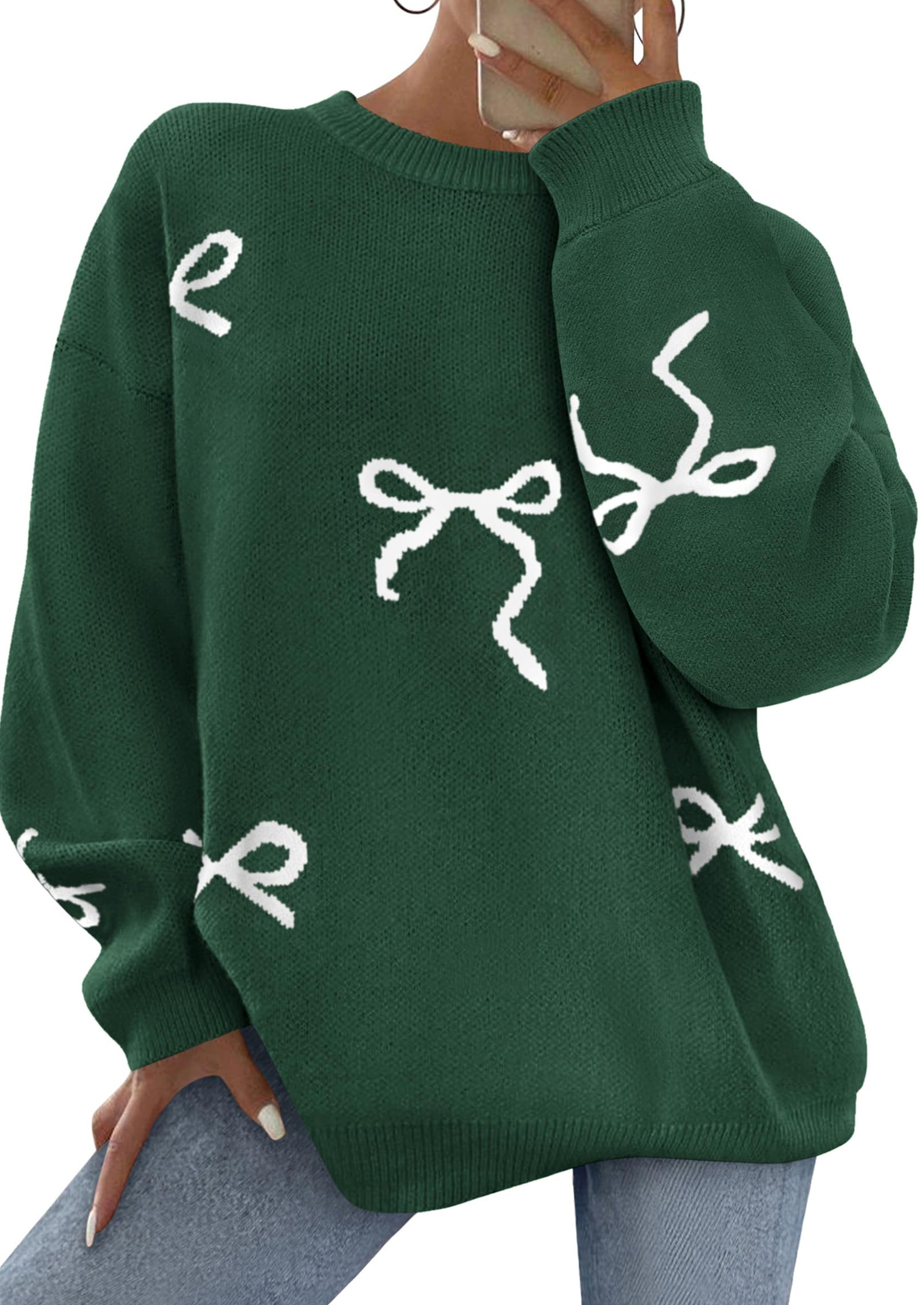 PRETTYGARDEN Fall Long Sleeve Pullover Sweaters for Women Trendy Crewneck Casual Cute Bow Chunky Knit Oversized Sweater