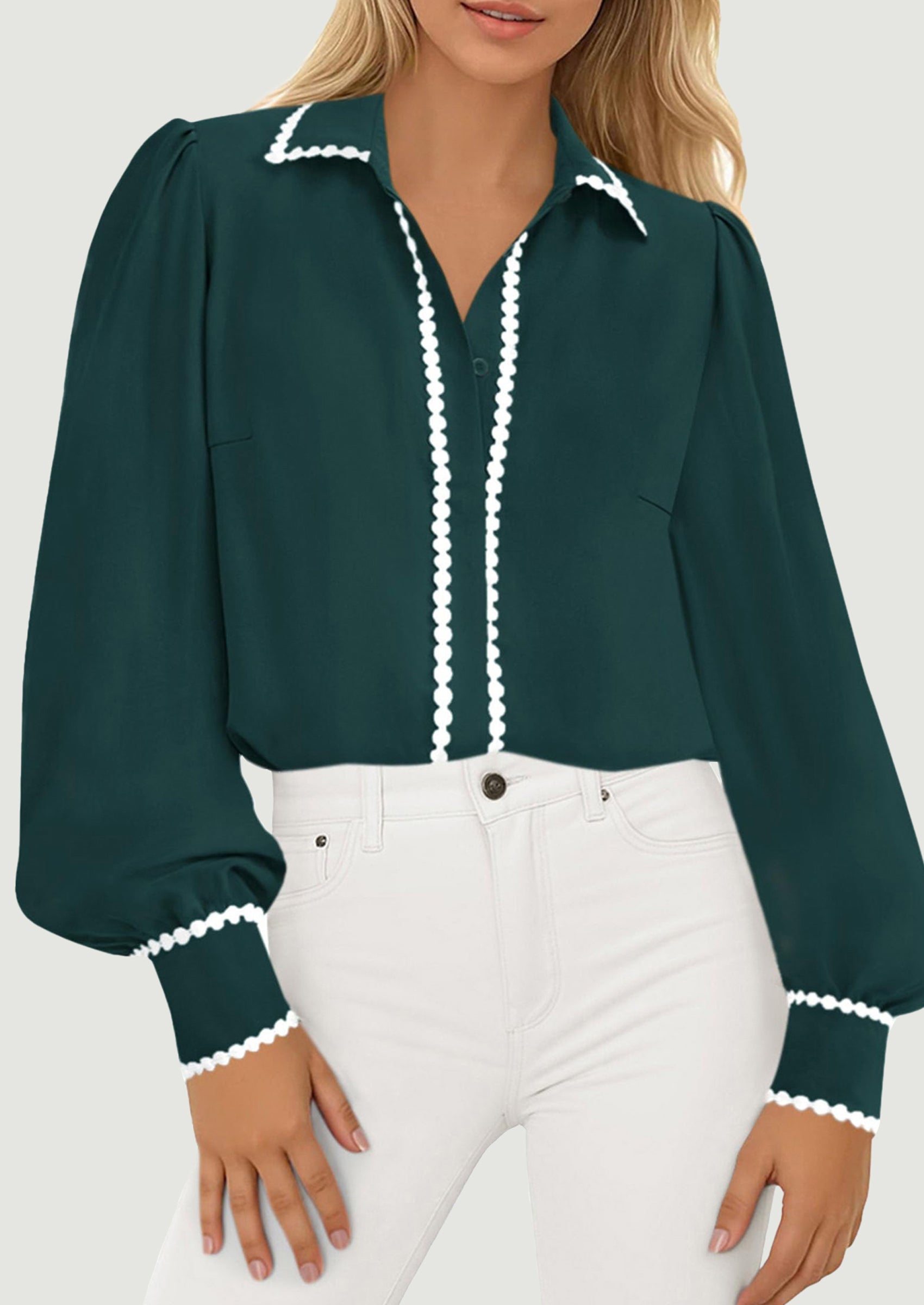 PRETTYGARDEN Womens Long Sleeve Button Down Shirts Trendy V Neck Loose Fit Fall Tops Collared Dressy Casual Blouses