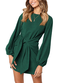 PRETTYGARDEN Womens Fall Elegant Long Lantern Sleeve Short Dress Wedding Guest Crewneck Tie Waist Knit Cocktail Dresses PRETTYGARDEN