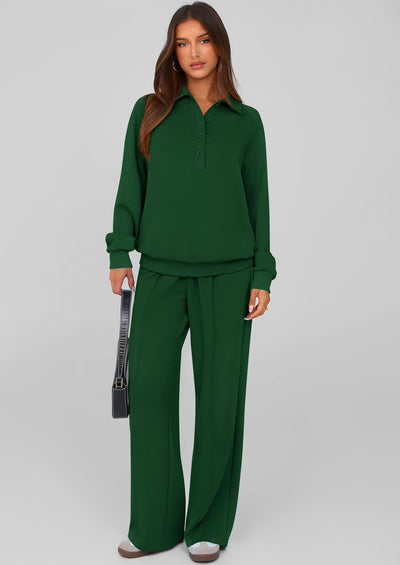 PRETTYGARDEN Women Fall 2 Piece Outfits Sweatsuits Quarter Button Long Sleeve Sweatshirt Wide Leg Pants Tracksuit Lounge Sets