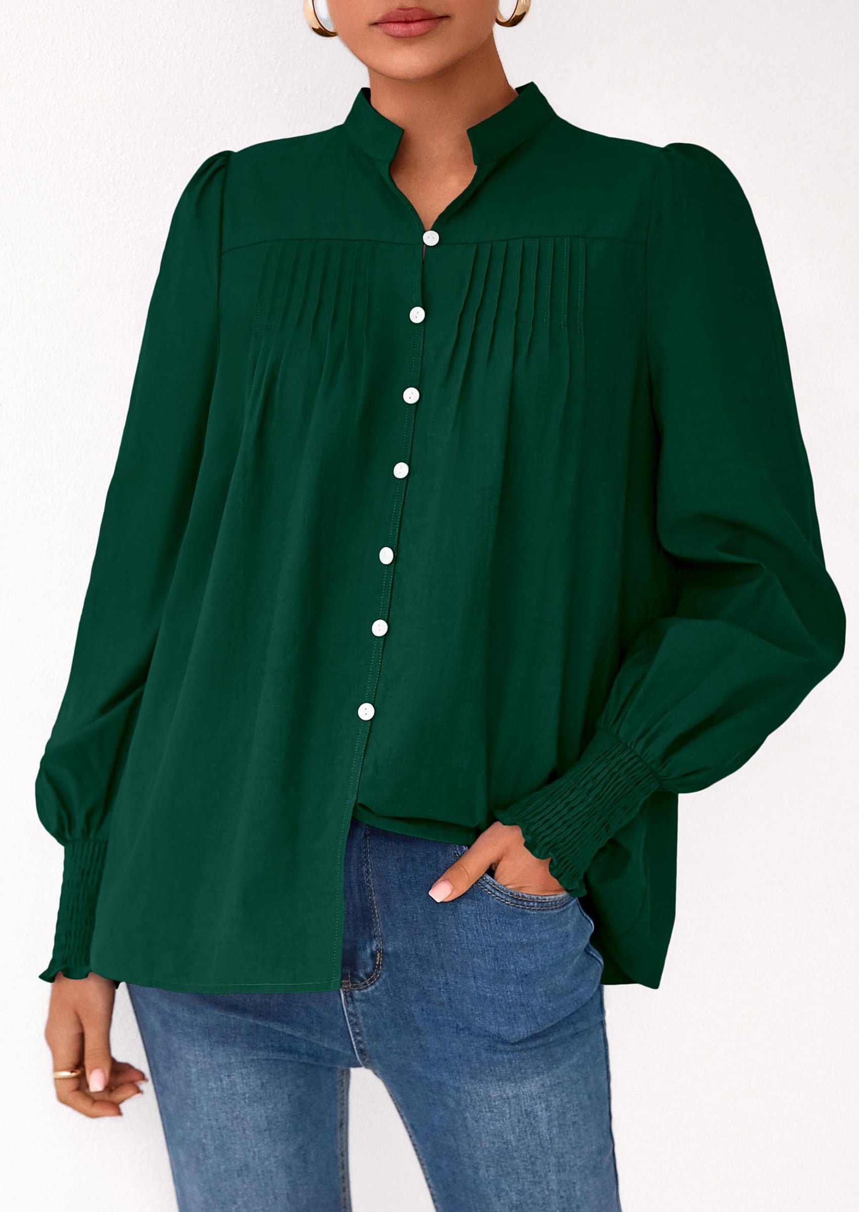 PRETTYGARDEN Womens Fall Lantern Long Sleeve Shirts Trendy Button V Neck Pleated Henley Tops Loose Work Blouses