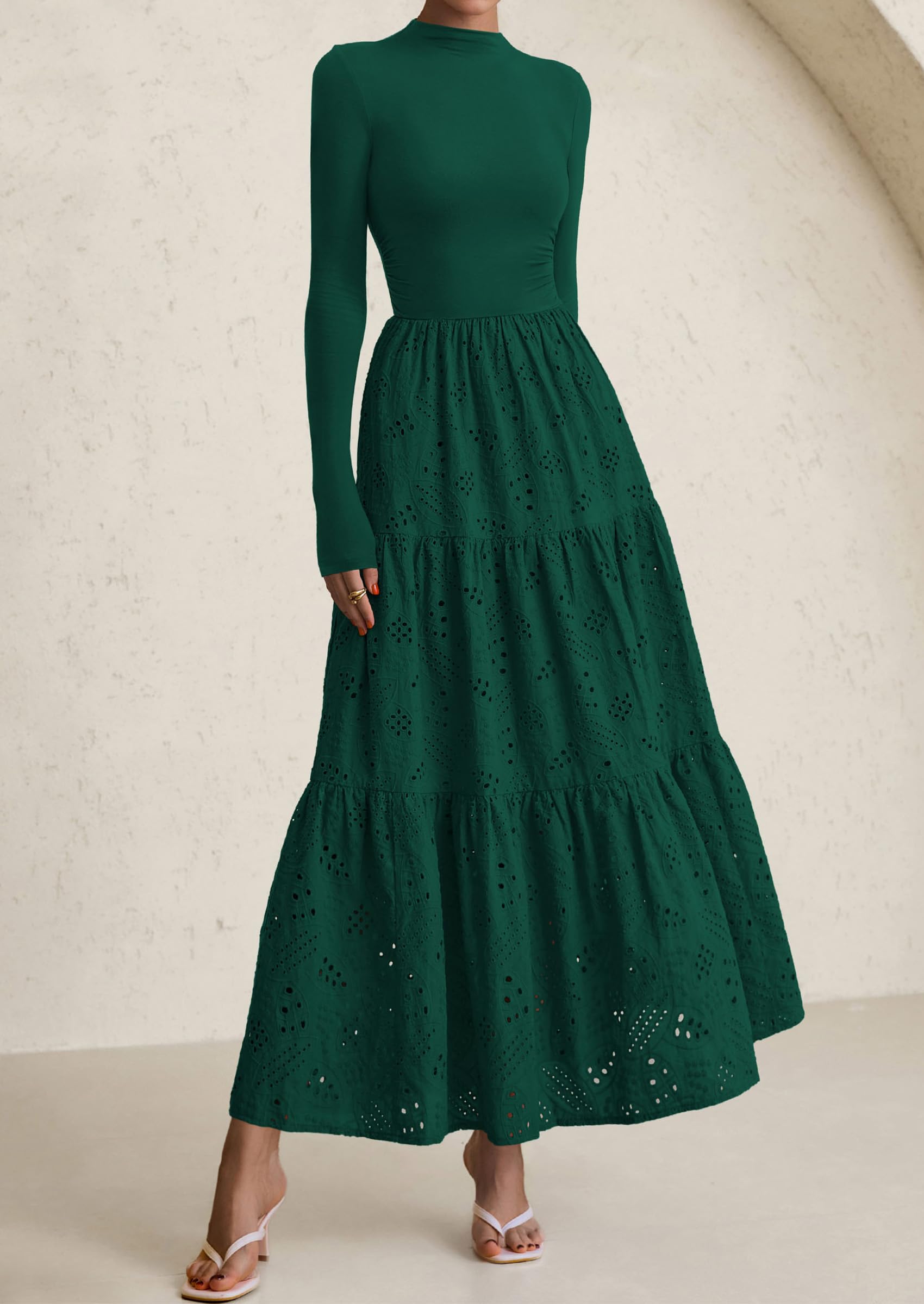 PRETTYGARDEN Long Sleeve Dress for Women Fall Eyelet Mock Neck A Line Elegant Classy Maxi Wedding Guest Dresses Pockets