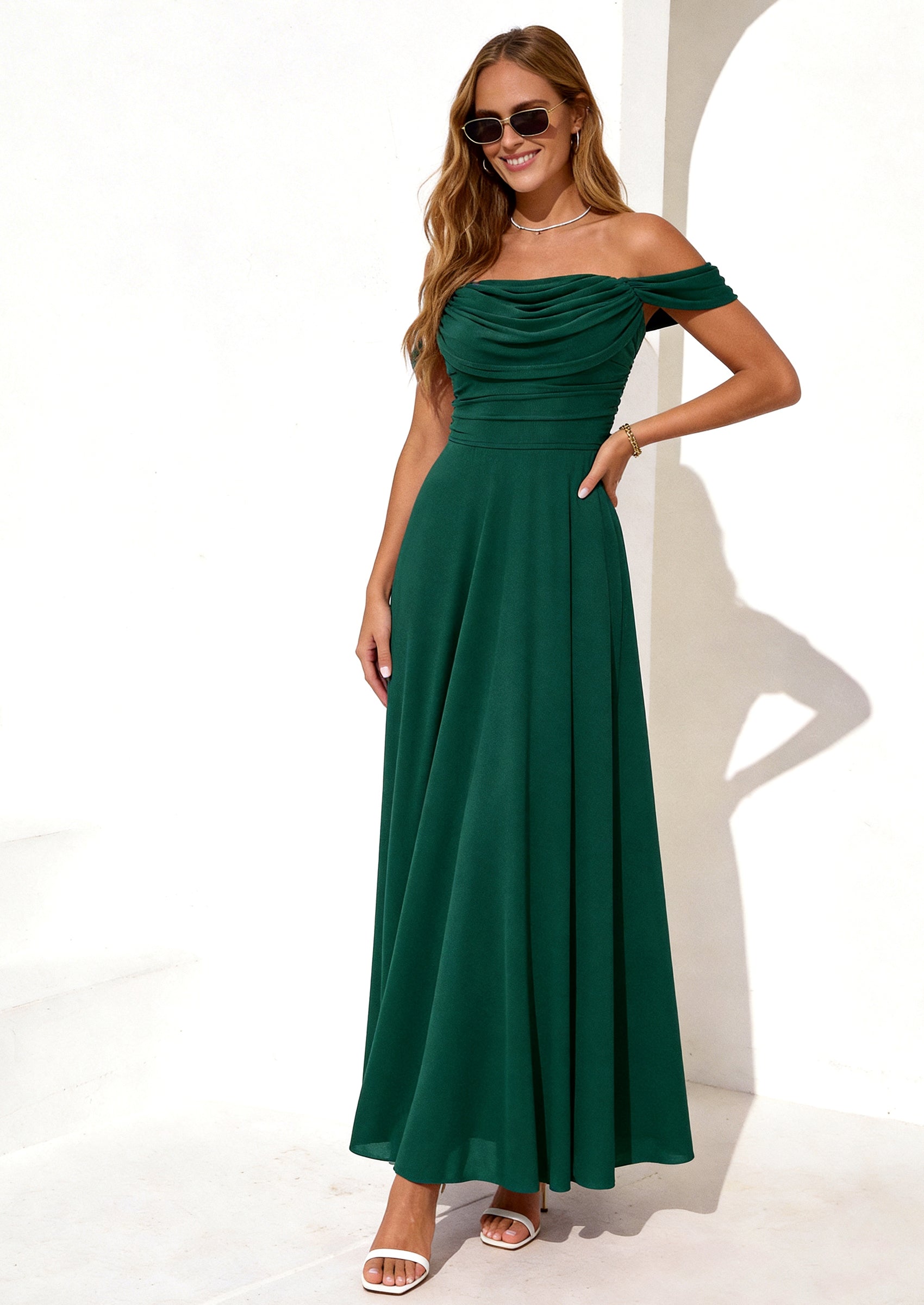 PRETTYGARDEN Womens Off Shoulder Maxi Summer Dresses 2026 Elegant Mesh Aline Swing Ruched Flowy Cocktail Wedding Guest Dress PRETTYGARDEN
