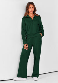 PRETTYGARDEN Women's 2 Piece Outfits Casual Lapel Half Zip Sweatshirts And Wide Leg Pants Tracksuit Sets