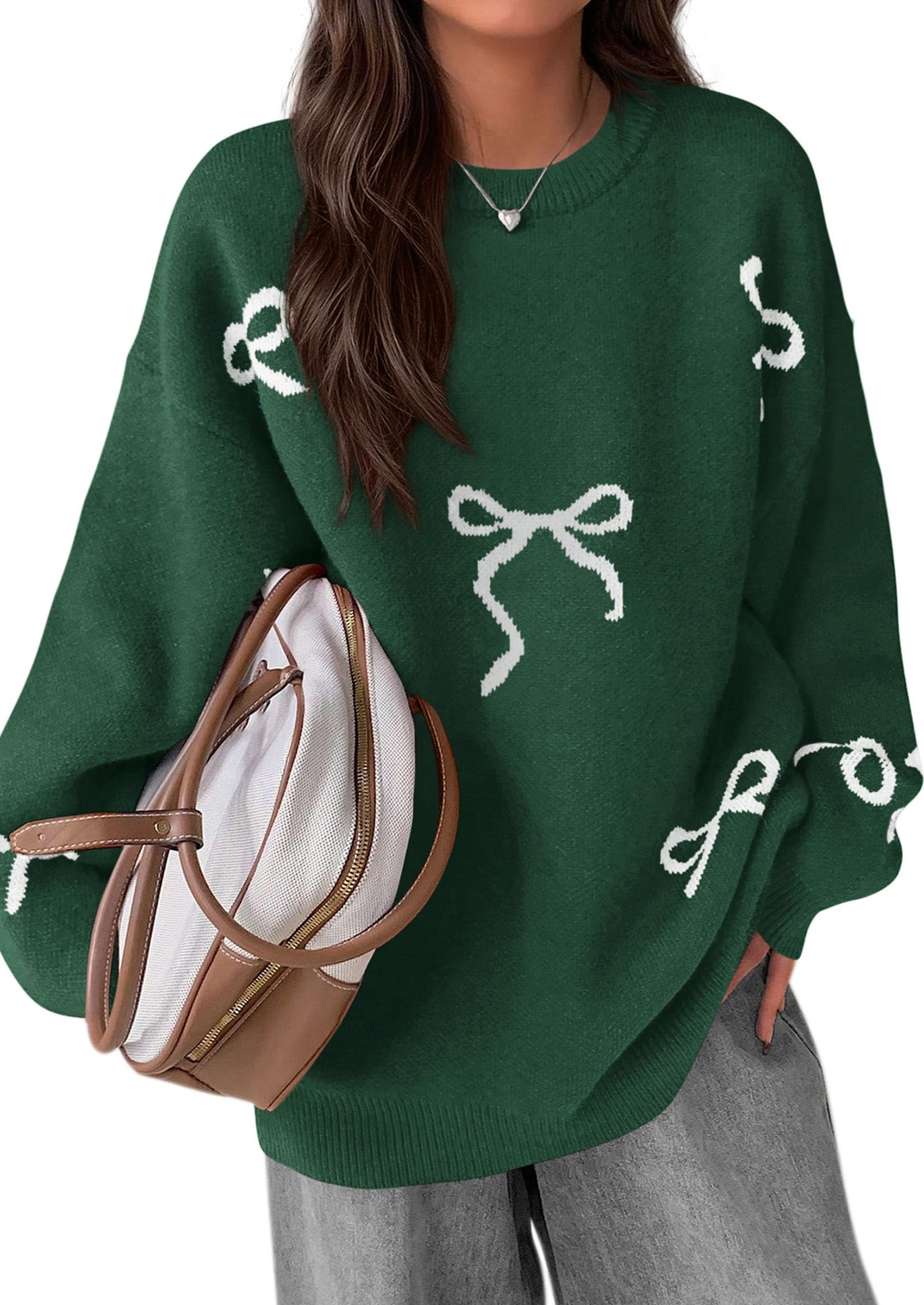 PRETTYGARDEN Fall Long Sleeve Pullover Sweaters for Women Trendy Crewneck Casual Cute Bow Chunky Knit Oversized Sweater