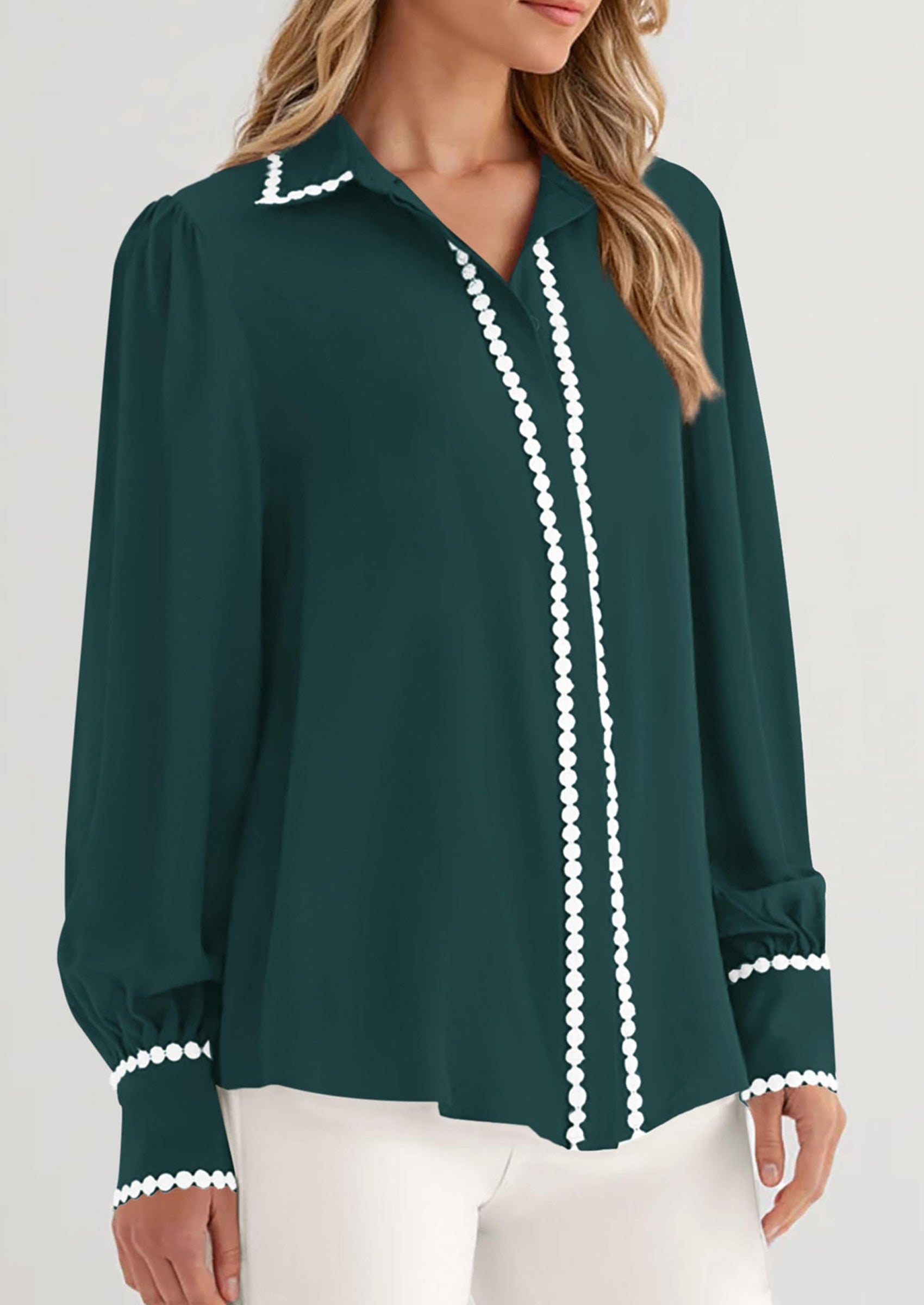 PRETTYGARDEN Womens Long Sleeve Button Down Shirts Trendy V Neck Loose Fit Fall Tops Collared Dressy Casual Blouses