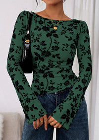 PRETTYGARDEN Women Long Sleeve Floral Mesh Tops Blouse  Fall Trendy Boat Neck Ruched Fitted Shirt Going Out Date Outfits