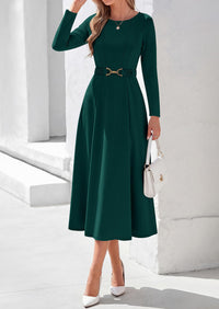 PRETTYGARDEN Women's Fall Long Sleeve Semi Formal Midi Dresses with Pockets Boat Neck, Metal Buckle Tie Waist, Flowy A Line, Elegant Classy Wedding Guest Cocktail Party Dress, Business Casual Outfits