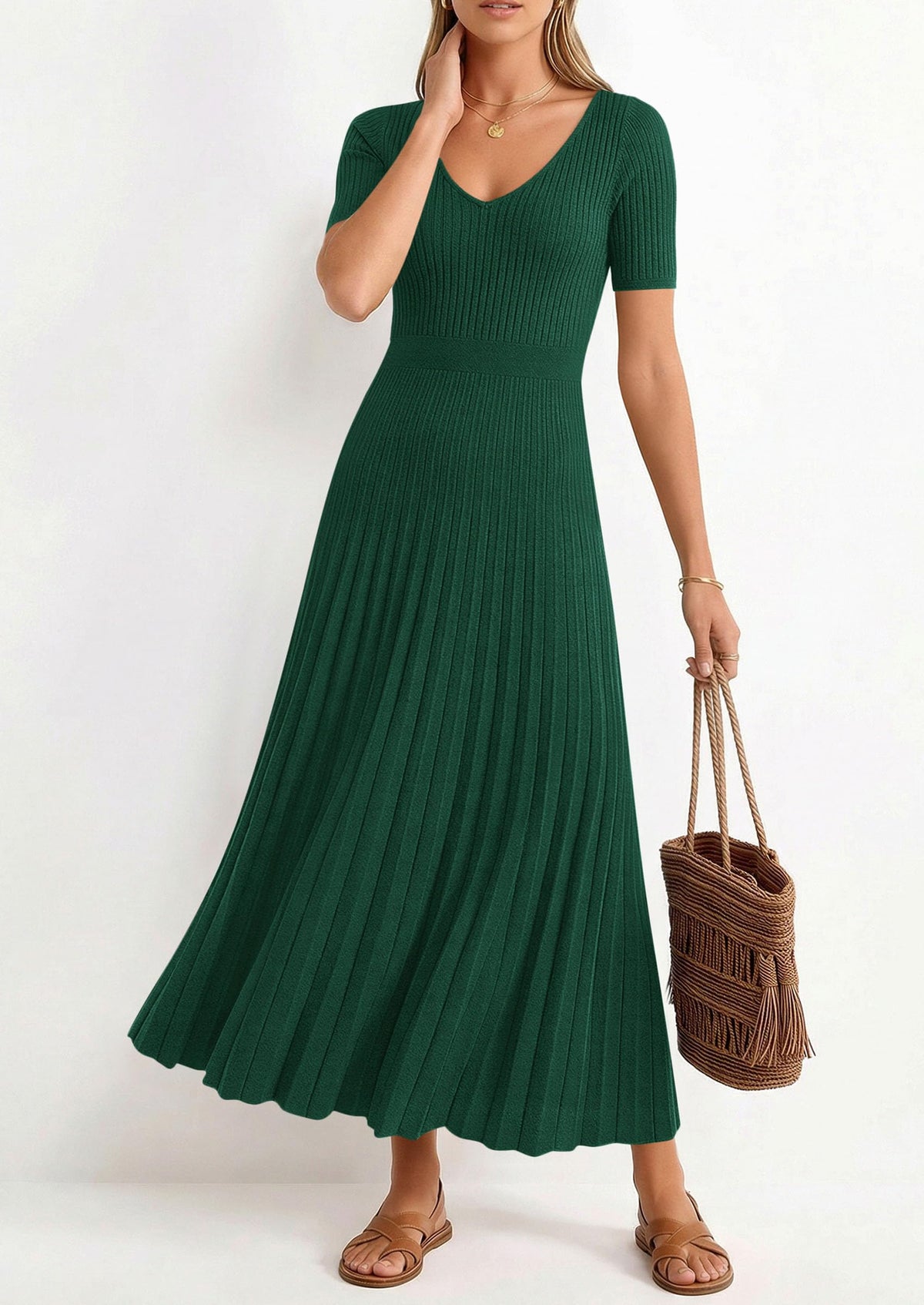 PRETTYGARDEN Women's Spring Midi Sweater Dresses Elegant Pleated Ribbed Knit Short Sleeve V Neck A Line Summer Outfits PRETTYGARDEN