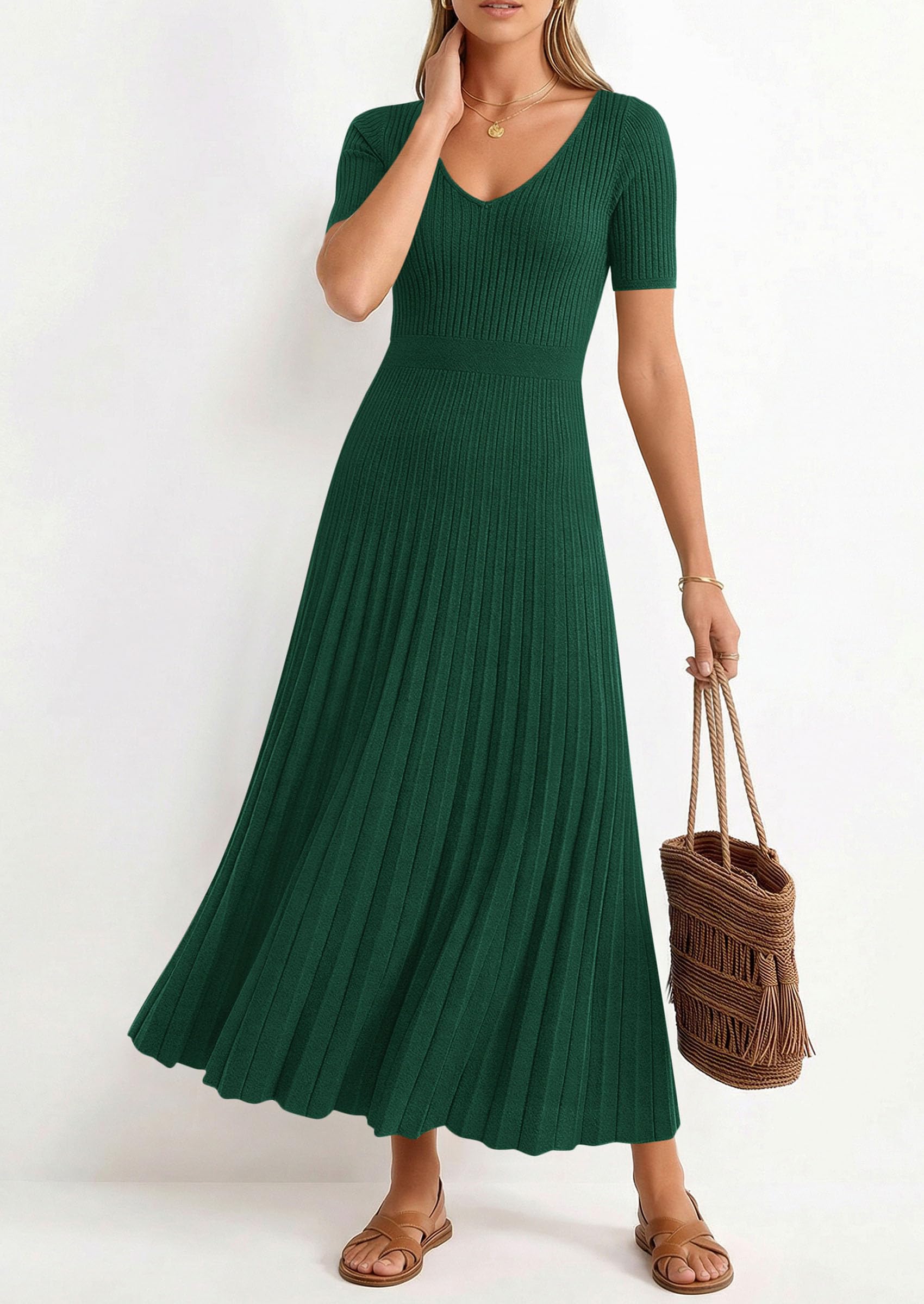 PRETTYGARDEN Women's Spring Midi Sweater Dresses Elegant Pleated Ribbed Knit Short Sleeve V Neck A Line Summer Outfits PRETTYGARDEN