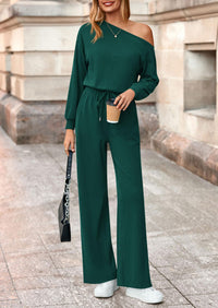 PRETTYGARDEN Long Sleeve Jumpsuit For Women Dressy Off Shoulder One Piece Loose Wide Leg Jumpsuits Casual Flowy Romper