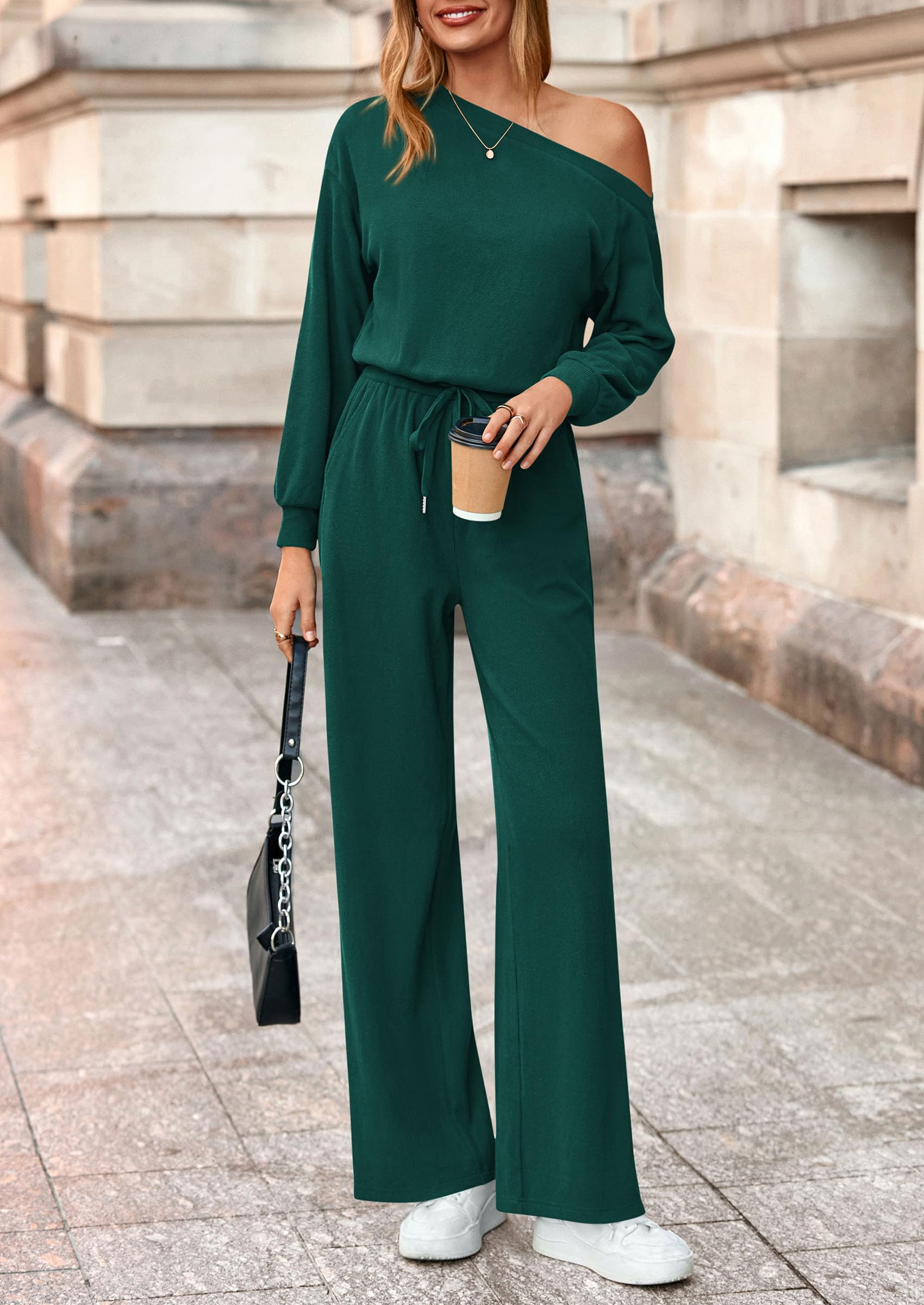 PRETTYGARDEN Long Sleeve Jumpsuit For Women Dressy Off Shoulder One Piece Loose Wide Leg Jumpsuits Casual Flowy Romper