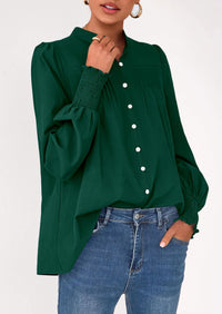 PRETTYGARDEN Womens Fall Lantern Long Sleeve Shirts Trendy Button V Neck Pleated Henley Tops Loose Work Blouses