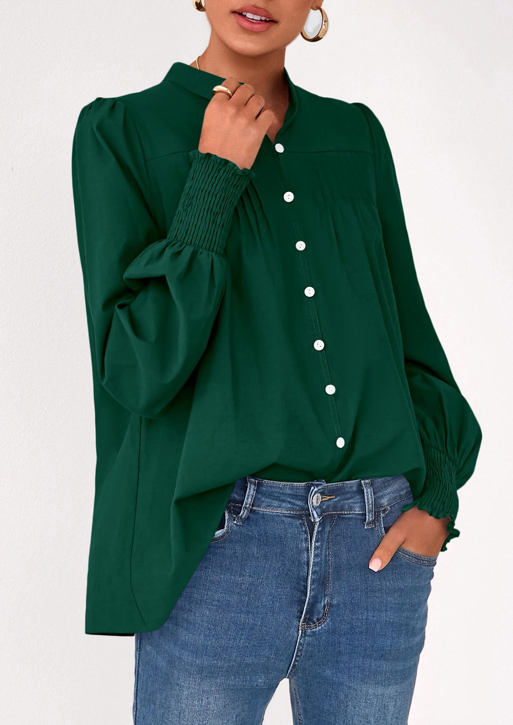 PRETTYGARDEN Womens Fall Lantern Long Sleeve Shirts Trendy Button V Neck Pleated Henley Tops Loose Work Blouses