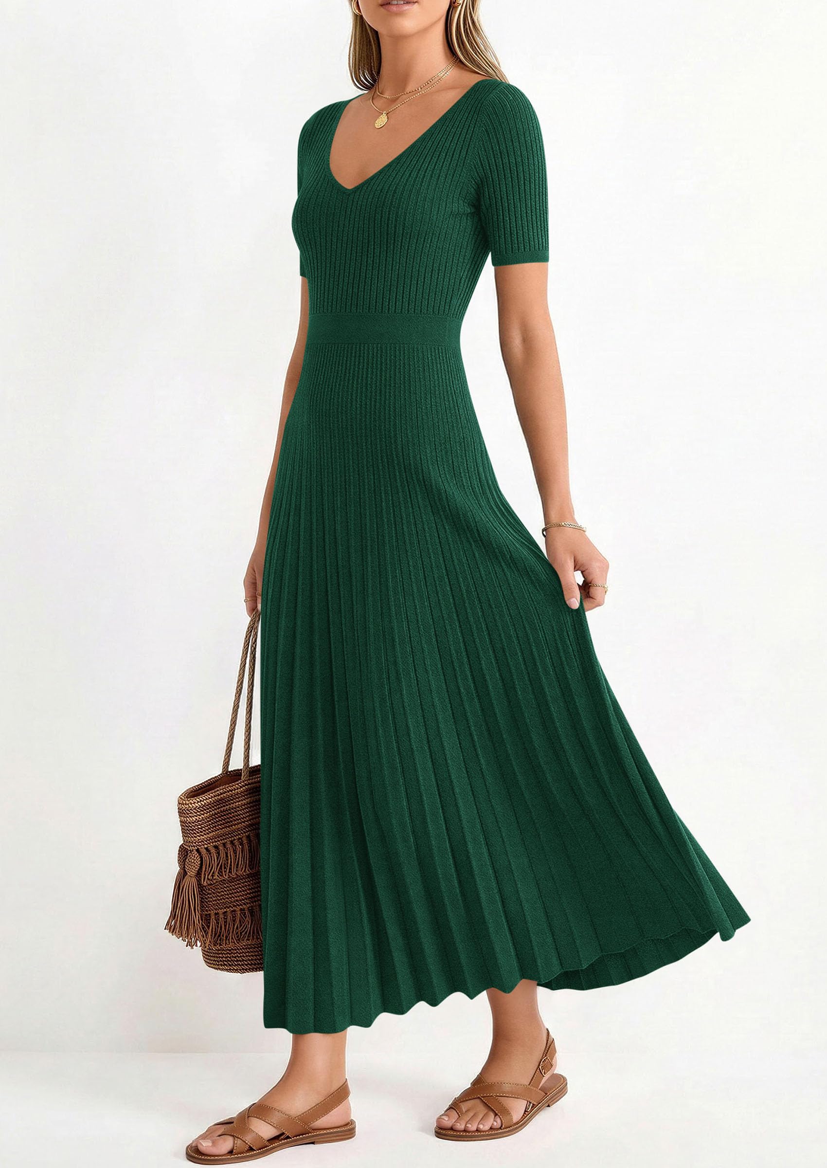 PRETTYGARDEN Women's Spring Midi Sweater Dresses Elegant Pleated Ribbed Knit Short Sleeve V Neck A Line Summer Outfits PRETTYGARDEN