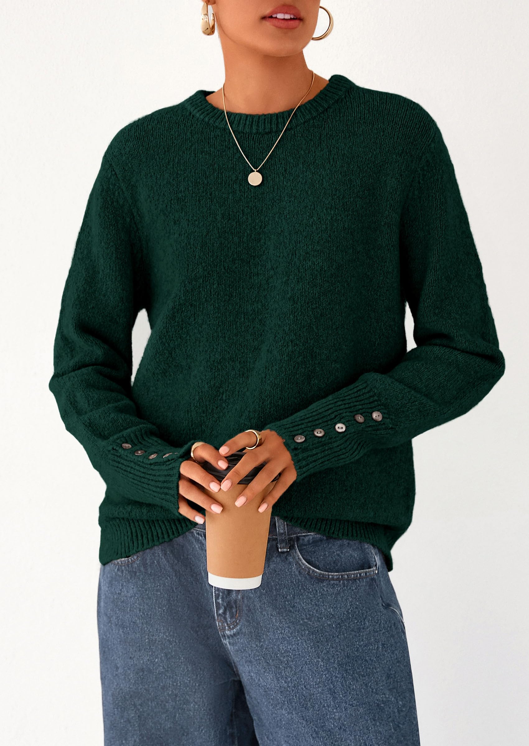 PRETTYGARDEN Womens Sweaters Fall Fashion Casual Crewneck Pullover Button Long Sleeve Cute Knit Tops Winter Clothes