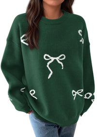 PRETTYGARDEN Fall Long Sleeve Pullover Sweaters for Women Trendy Crewneck Casual Cute Bow Chunky Knit Oversized Sweater