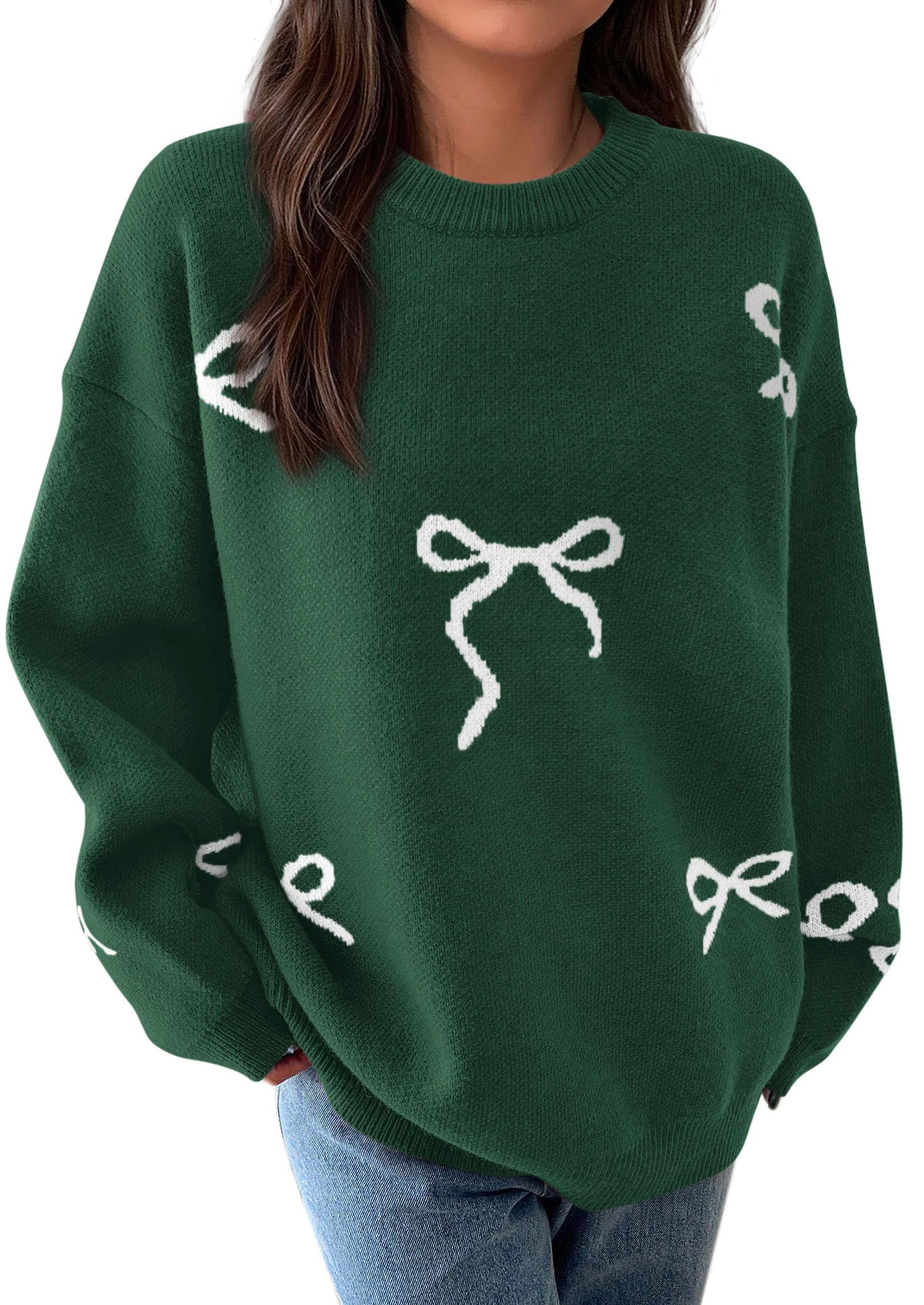 PRETTYGARDEN Fall Long Sleeve Pullover Sweaters for Women Trendy Crewneck Casual Cute Bow Chunky Knit Oversized Sweater